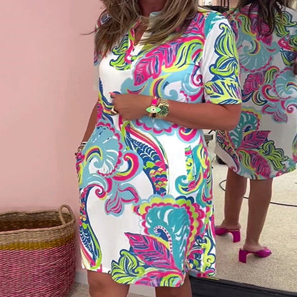 🌸Robe à col en V imprimée colorée pour femme💐