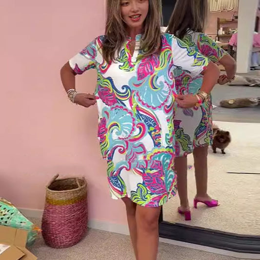 🌸Robe à col en V imprimée colorée pour femme💐