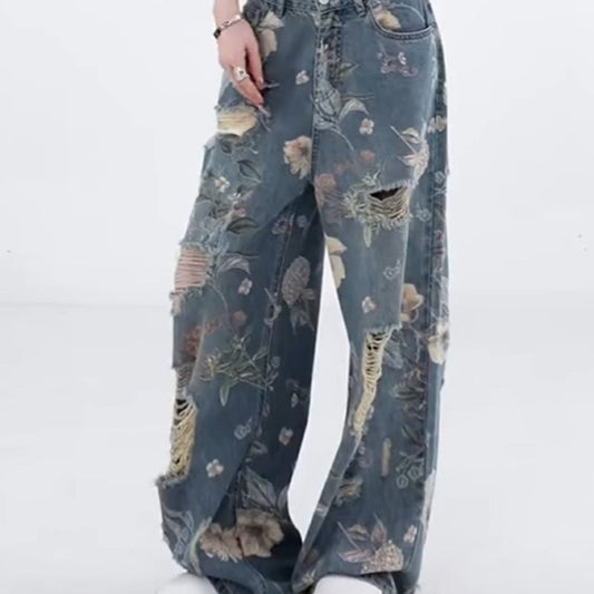 Jean en denim large et déchiré pour femme