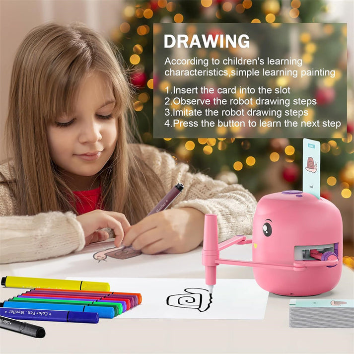 Robot De Dessin Interactif Éducatif Pour Enfants - 100 Cartes D'Apprentissage, 2 Stylos & Batterie Rechargeable 1800 MAh - Bleu Ou Rose