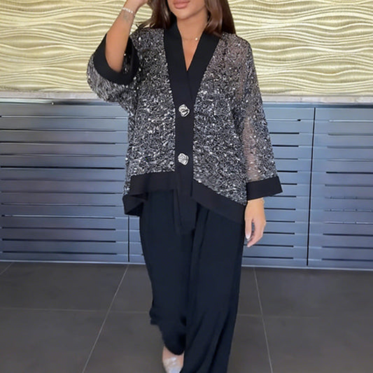 🔥 50 %  DE RÉDUCTION !! ✨Ensemble 2 pièces pour femme comprenant un cardigan à col en V et à paillettes et un pantalon à jambes larges✈️Livraison gratuite✈️